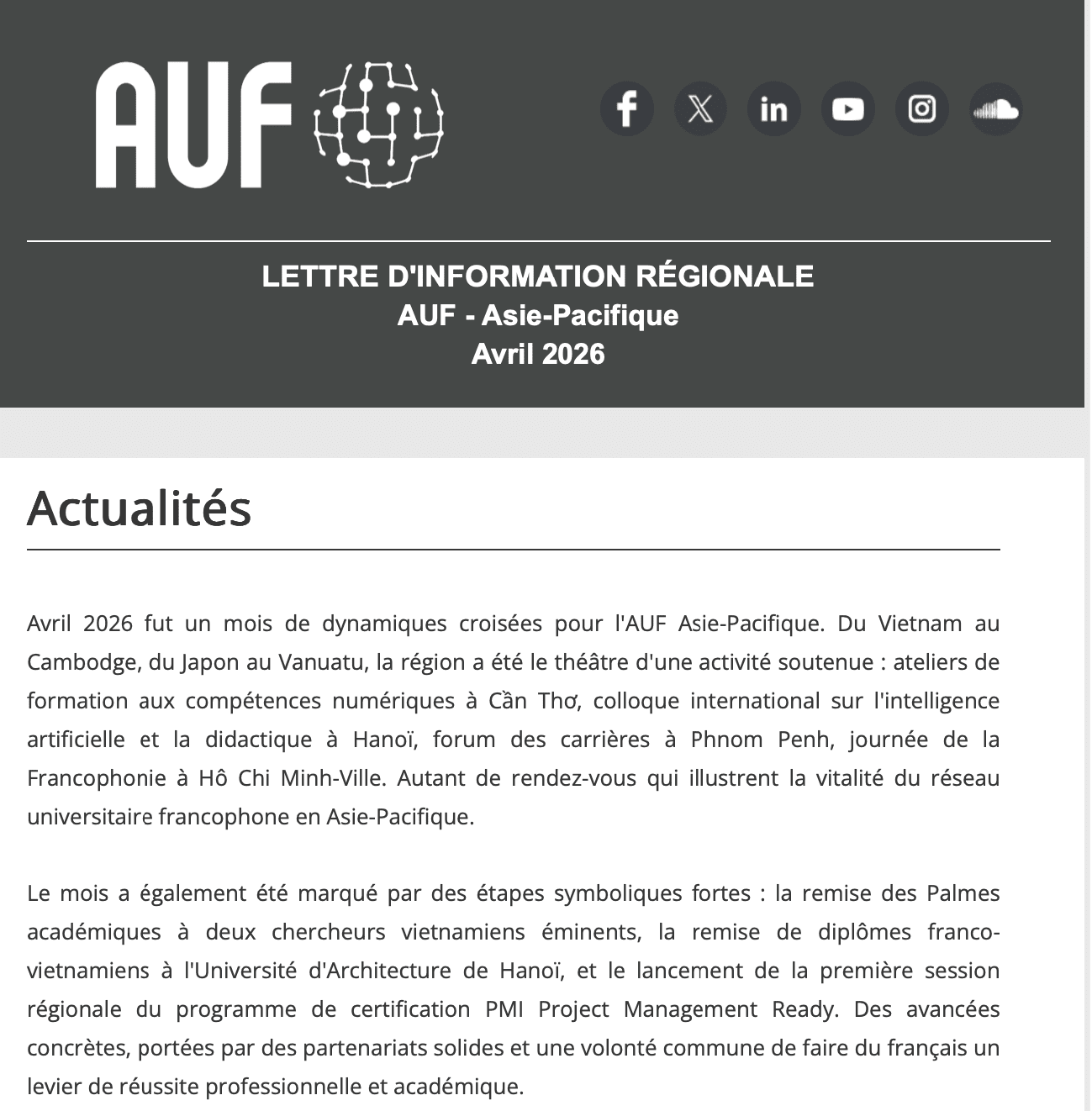 Lettre d'information régionale AUF Asie-Pacifique : le numéro d'avril 2026 est en ligne !