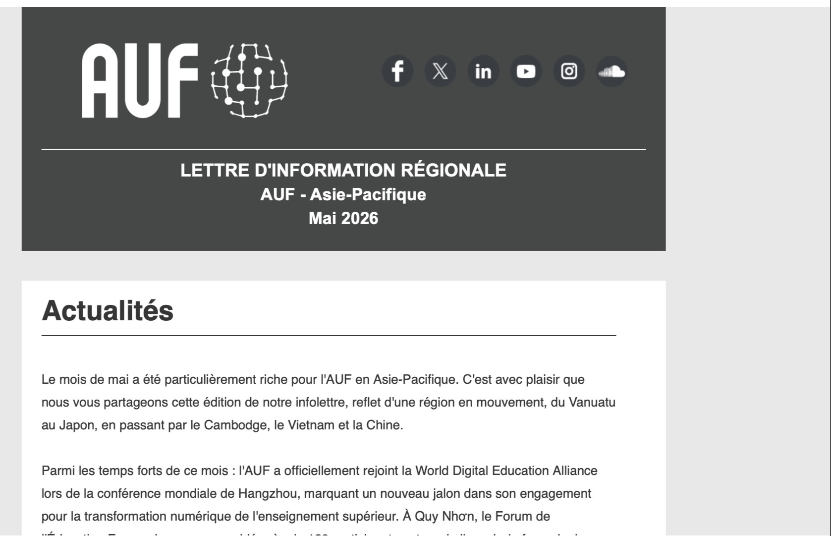 🌏🎓 L'infolettre AUF Asie-Pacifique de mai est disponible !